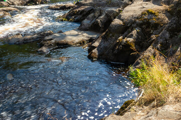 beautiful, natural, waterfall with cascade, mountain, rocks, brown