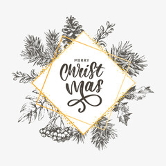 Christmas Poster - Illustration. Lettering Vector illustration of Christmas Frame with branches of christmas tree.