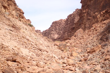 Fototapeta premium Explring the red sand dunes and desert landscapes around Wadi Rum and Petra in Jordan, Middle East