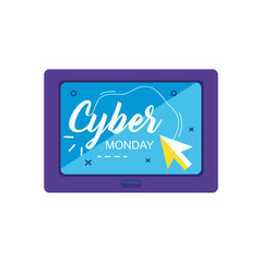 cyber monday design with tablet and cursor arrow, flat style