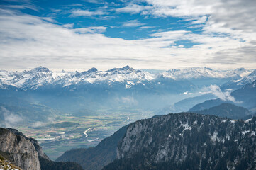 Panorama with Southern Rhone Valley including Aigle and the peaks of Mouveran and Dent de Morcles