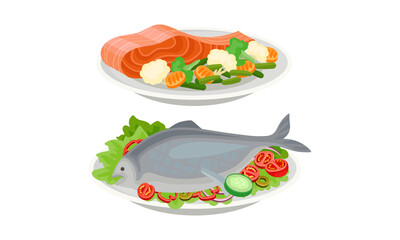 Salmon Slab Served on Plate with Vegetables as Fresh Dish Vector Set