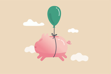Financial freedom, growth retirement saving or rising profit investment for financial succeed concept, happy cute pink piggy bank floating fly to freedom in the sky minimal style.