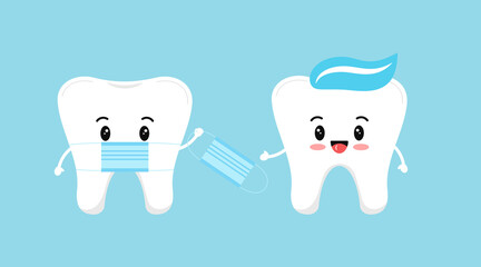 Cute tooth with medical mask give  protective virus mask to another tooth with paste on head. Flat design cartoon concept of dental character vector illustration for dentist prevention information.