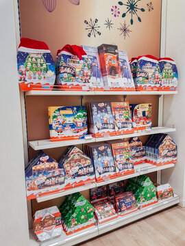 Berlin, Germany, October 2019: a Variety of advent calendars Kinder Surprise with chocolates from the company fererro are on the shelves in the store