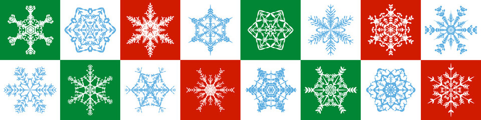 Snowflakes pattern - red, green, white christmas background - seamless extendable horizontal vector illustration.
