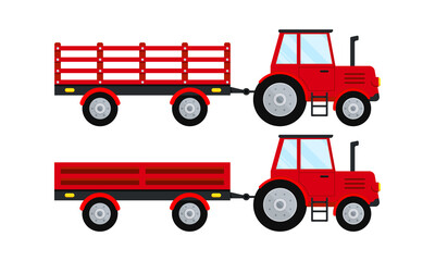 Red farm tractor with open trailer icon set isolated on white background. Red tractor pulling trailers. Flat design cartoon style collection agricultural machine for field work vector illustration.
