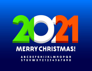 Vector creative greeting card Merry Christmas 2021 with Italian Flag. 3D White Font. Modern Alphabet Letters and Numbers set