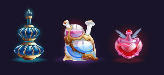 Magic bottle jars with potion. Isolated magic bottle jars with colorful liquids. Potion in glass bottles with poison, antidote, elixir. Fantasy chemical jars for game interface element
