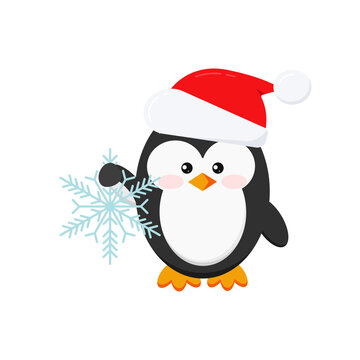 Christmas penguin holding snowflake isolated on white background. Winter penguin in Santa Claus red xmas hat. Flat design cartoon style vector baby bird character illustration.