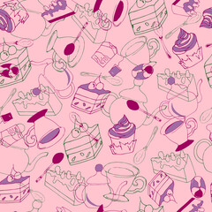 Seamless pink pattern with an outline drawing: cakes, sweets, cupcakes, cups and teapots. Cheerful bright background for paper, textiles and cafe decoration.