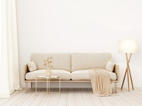 Interior wall mockup in warm tones with beige linen sofa, plaid,  dried grass, brass table, curtains and standing lamp in living room with empty wall background. 3D rendering, illustration.