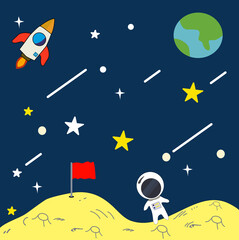Vector Illustration cartoon Of Space. Space flat vector background with Moon,rocket,stars,Spaceship,Astronaut