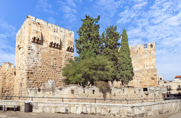 Tower  and outer walls of the City of David near Jaffa Gate in the old city of Jerusalem, Israel