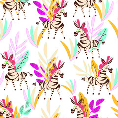 Zebras, flowers, animal flat vector seamless pattern on white background. Concept for wallpaper, wrapping paper, cards 