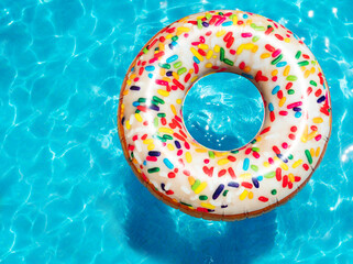Inflatable candy doughnut buoy swim in the swimming pool view from above
