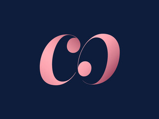 CO monogram logo.Elegant style typographic icon.Lettering sign.Alphabet initials in pink metal color isolated on dark background.Lowercase luxury letter c and letter o.Beauty characters.