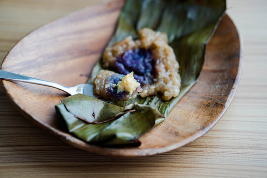 Suman with leche flan and ube; a gourmet Filipino food favorites combined together
