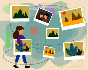 Vector picture of the girl and her collection of photos and memories - she is going to upload them or back-up