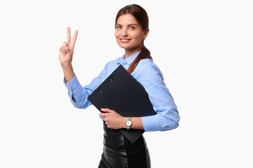 Businesswoman holding folder on white isolate background. Smiling caucasian female worker in...