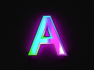 Colorful dichroic glass font - letter A isolated on dark background, 3D illustration of symbols