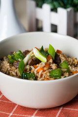 authentic delicious Japanese fried rice with steak bits