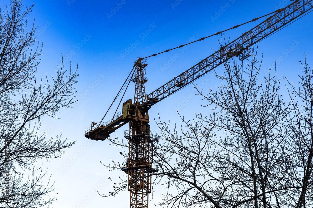 Poster tower crane against the blue sky, close-up.