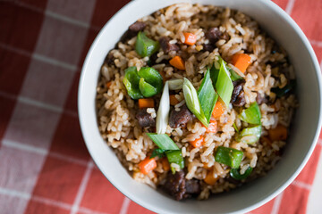 authentic delicious Japanese fried rice with steak bits