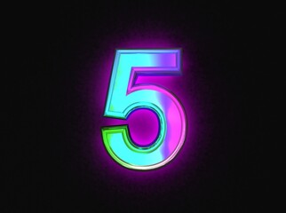 Colorful dichroic glass alphabet - number 5 isolated on dark, 3D illustration of symbols
