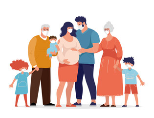 The family uses medical masks to protect against the coronavirus. Pregnant woman with her husband, children, grandparents against the spread of coronavirus. Flat cartoon vector illustration.