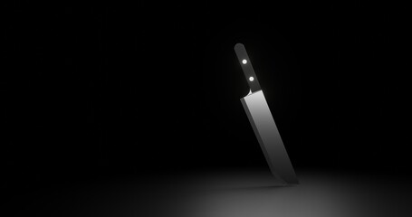 Standing Knife Illustration at dark Background and Spotlight. 3D rendering Illustration with empty space for text