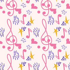 Treble clef, notes, heart, stars, abstract elements seamless pattern in pink, blue pastel colors. Music backdrop