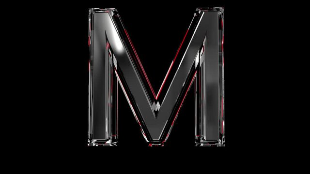 Solid glass font or alphabet red outline and moving reflection for words composing in your jewelry or gems conceptual videos - letter M isolated on black background, 60FPS 4K UHD 3D animation