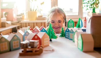Origami advent calendar. Girl looking upon tiny paper houses, Christmas craft village