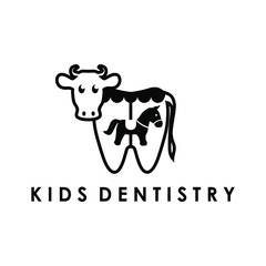 kids dentistry with tooth, cow, horse logo vector illustration, Design element for logo, poster, card, banner, emblem, t shirt. Vector illustration