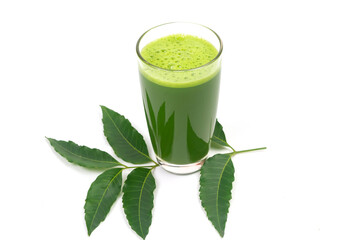 Medicinal neem leaf and juice isolated on white background. Green leaf in South East Asia. Azadirachta indica var. siamensis valeton.