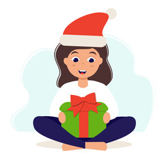 Happy girl with a Christmas present. Christmas and New Year card. Vector illustration in flat style