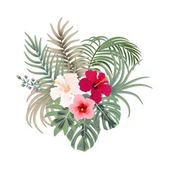 Gordijnen Vector tropical bouquet of palm tree leaves and  flowers isolated on white background. © Artlu