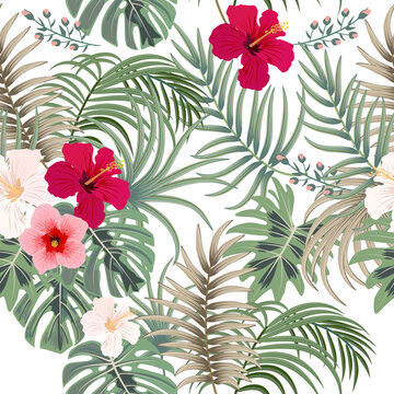 Tropical vector seamless pattern with  leaves of palm tree and flowers