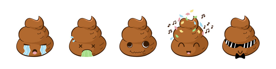 Funny poop emoji in vector kawaii expressions.