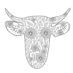 Hand drawn doodle outline cow head decorated with ornaments. zentangle illustration.Floral ornament.