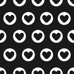 Black heart sign on the white circle, vector seamless pattern.