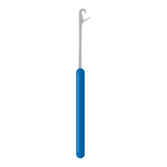 Vintage knitting hook color blue isolated on white background. Tool for knitting from metal and plastic.