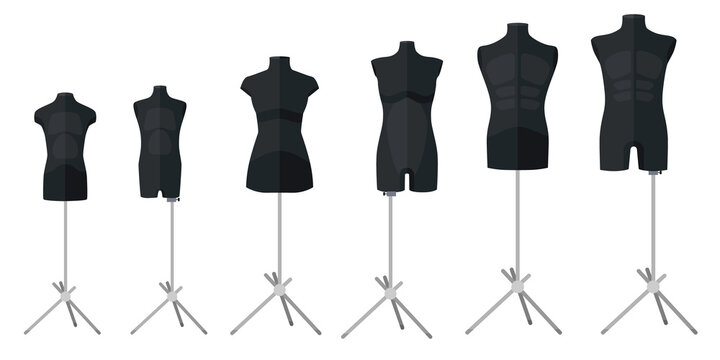 Set tailor mannequins black color on white background. Mannequins form body women, men and children. Silhouette people.
