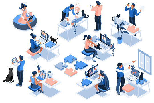 Worker room, female workplace. Home job, girl at the desk online, sitting and working online. Girl at home, worker sitting, room workplace for job, desk of freelance character. Collection flat Vector.