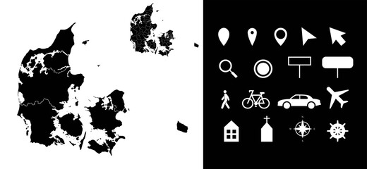 Map of Denmark administrative regions departments, icons. Map location pin, arrow, man, bicycle, car, airplane.