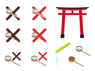 コロナ禍により神社の手水舎の柄杓使用禁止の表示素材と水の流れる竹と鳥居の素材セット