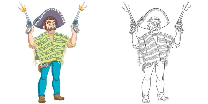 Coloring page with Mexican man. Line art drawing for kids activity coloring book. Colorful clip art. Vector illustration.