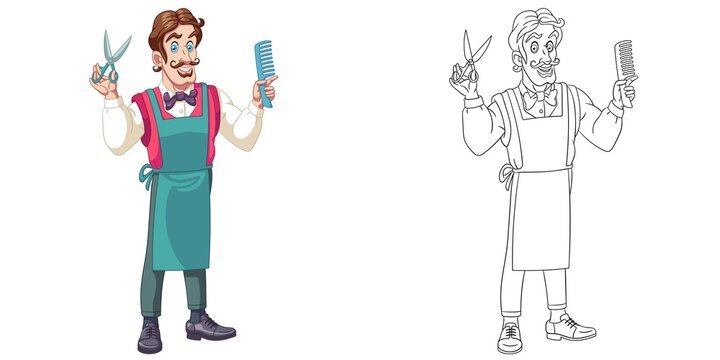 Coloring page with barber man. Line art drawing for kids activity coloring book. Colorful clip art. Vector illustration.
