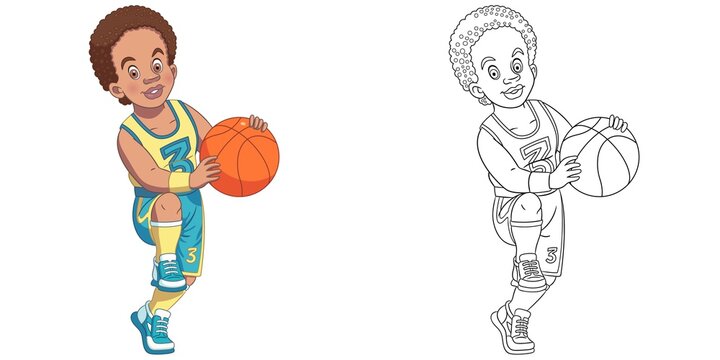 Coloring page with boy playing basketball. Line art drawing for kids activity coloring book. Colorful clip art. Vector illustration.